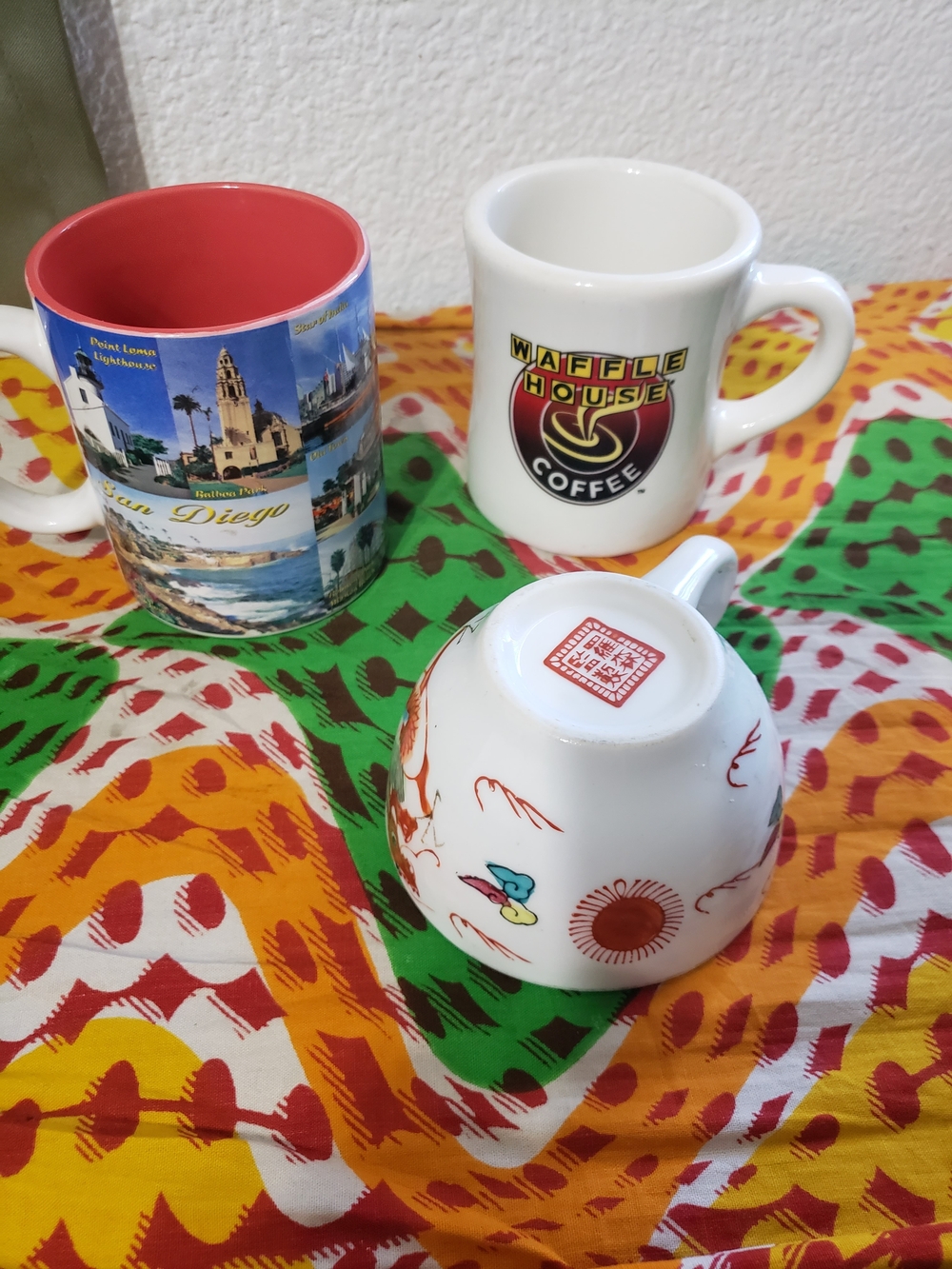 Bundle of 3 Unique Ceramic Coffee Mugs San Diego Waffle House Asian Motif